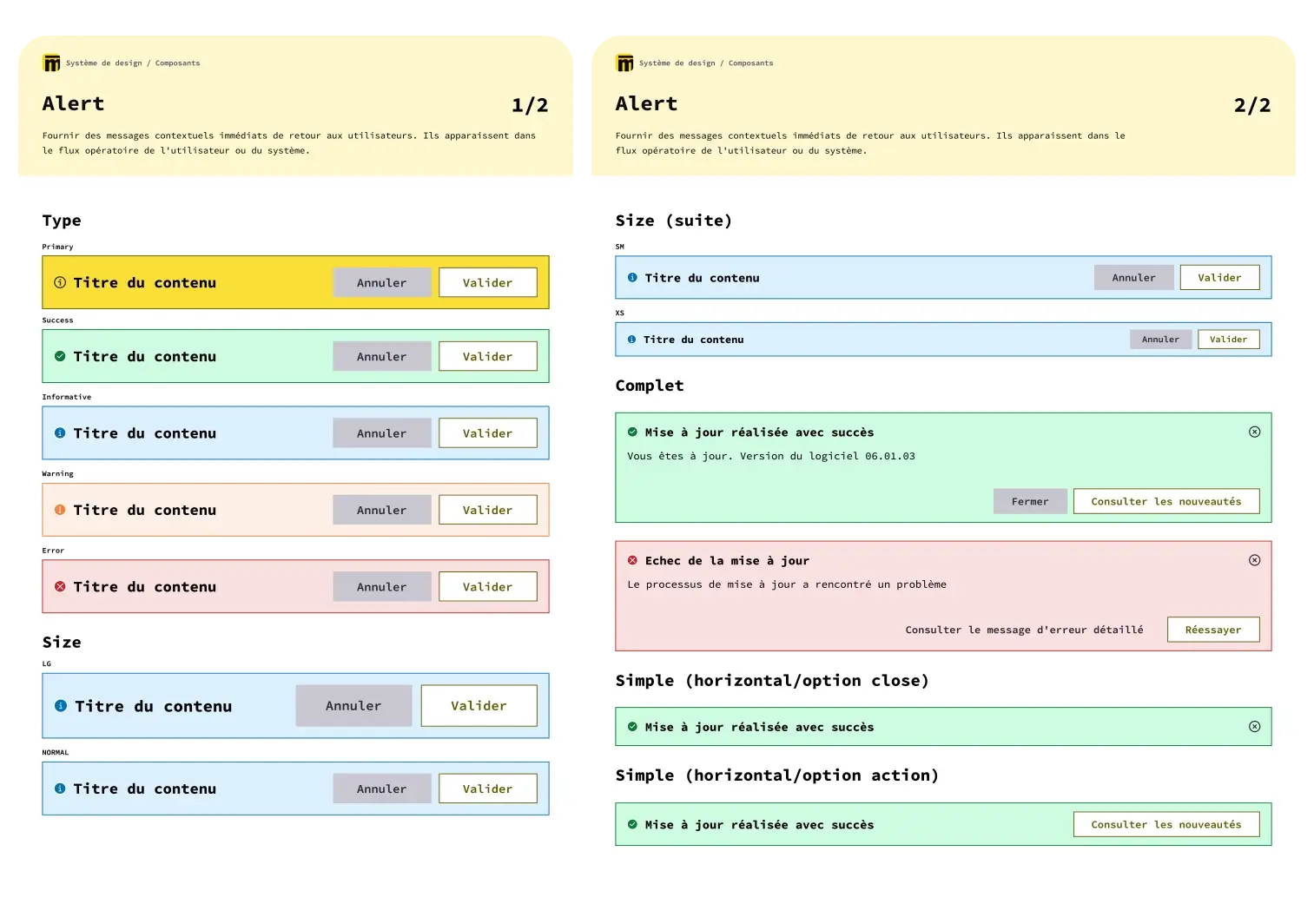 Visuel représentant deux pages avec les différents usages du composants Alert en guise d'exemple